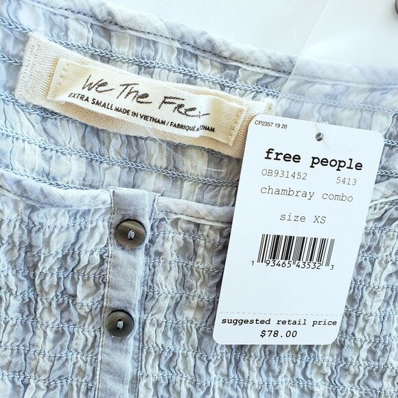 Free People Top Women XS Blue Smocked Tank Boho Festival Peasant Cottagecore NEW - Picture 10 of 13